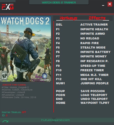 Watch Dogs 2 v1.07.141.6.988937 (Steam) (Uplay) Trainer +15